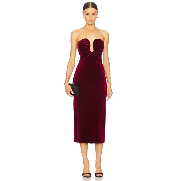ASTR The Label Dresses & Skirts - ASTR The Label Arista Burgundy Velvet Strapless U-Wire Ruched Midi Dress Large